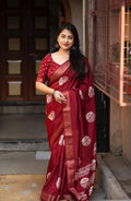 Maroon Cotton Crepe Batik Print Saree with Unstitched Blouse - Hiral Fashion | Grocsy