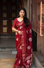 Maroon Cotton Crepe Batik Print Saree with Unstitched Blouse - Hiral Fashion | Grocsy