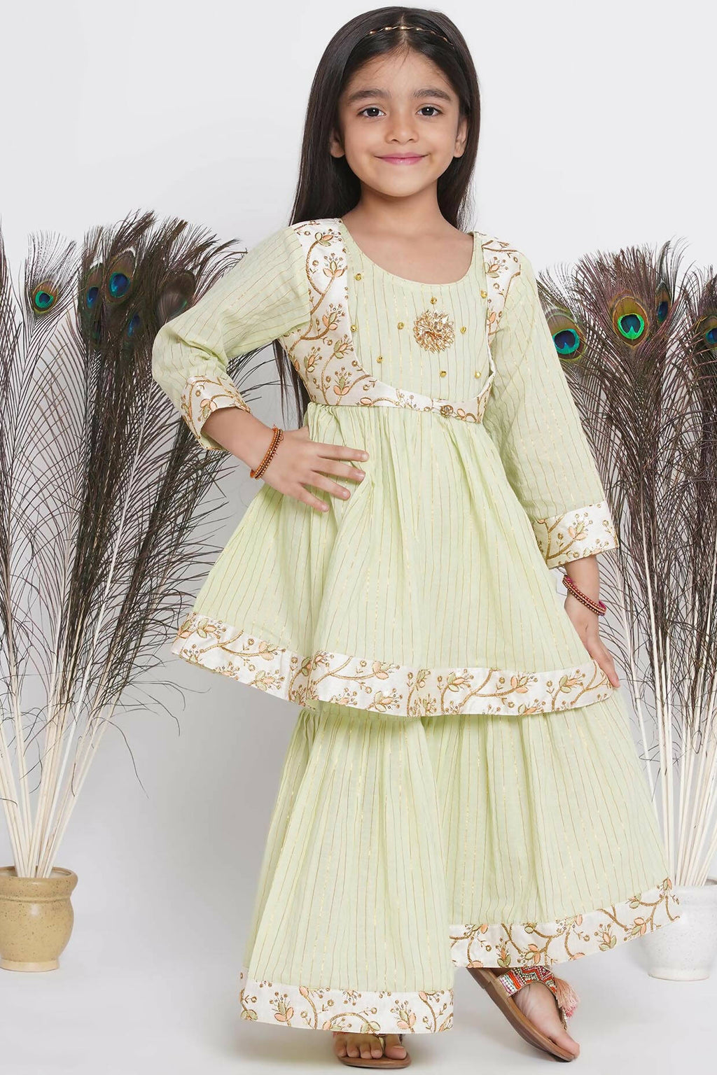 Little Bansi Floral Embroidery Jacket With Cotton Lurex Frock Sharara And Dupatta With Ghungroo Handwork - Bottle Green | Grocsy
