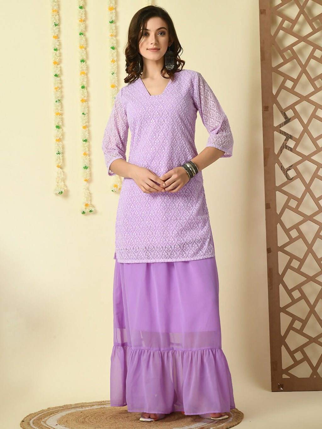 Myshka Women's Purple Georgette Kurti & Skirt With Dupatta Party Sets | Grocsy