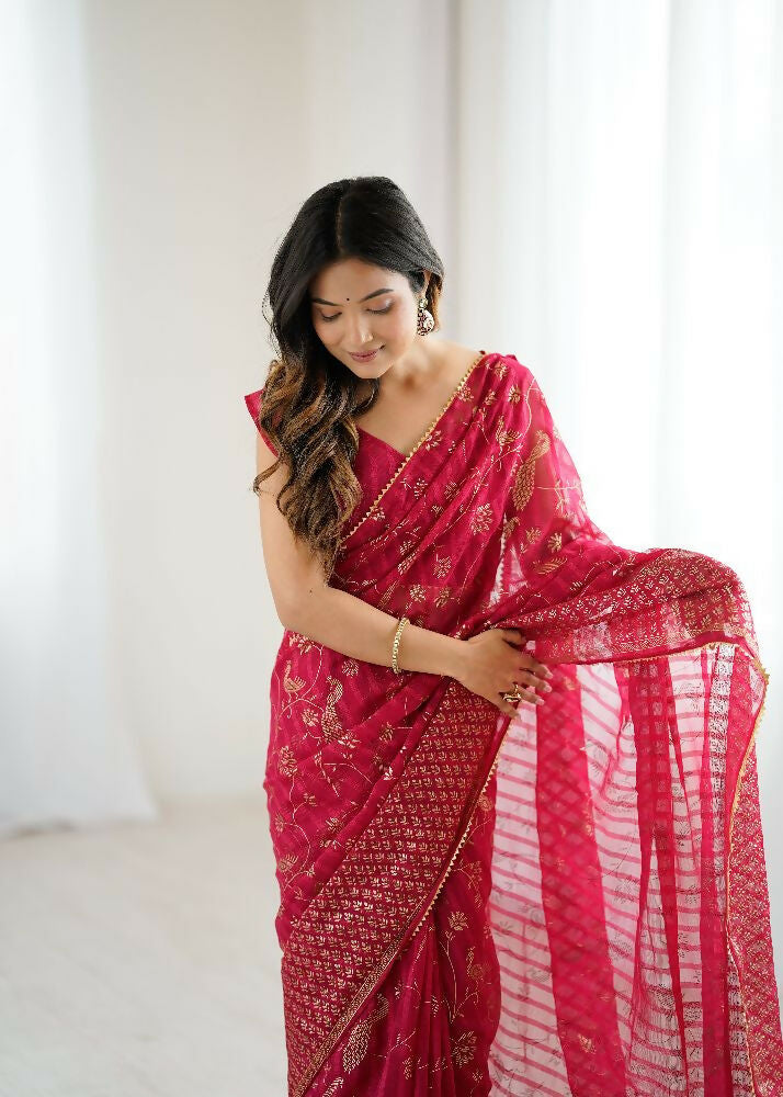 PR Fashion Pink Georgette Patta Plain With Foil Work And Small Lace And Zalar Lace Saree | Grocsy