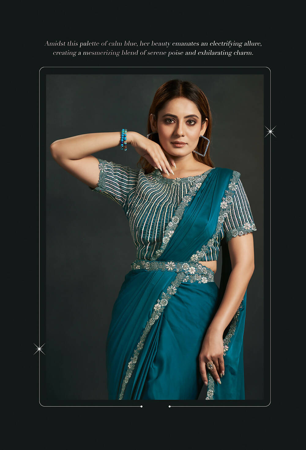 Blue Satin Silk Crepe Cord Sequence & Thread Embroidered & Stone Work Saree - Moh-Manthan Royal Enigma | Grocsy