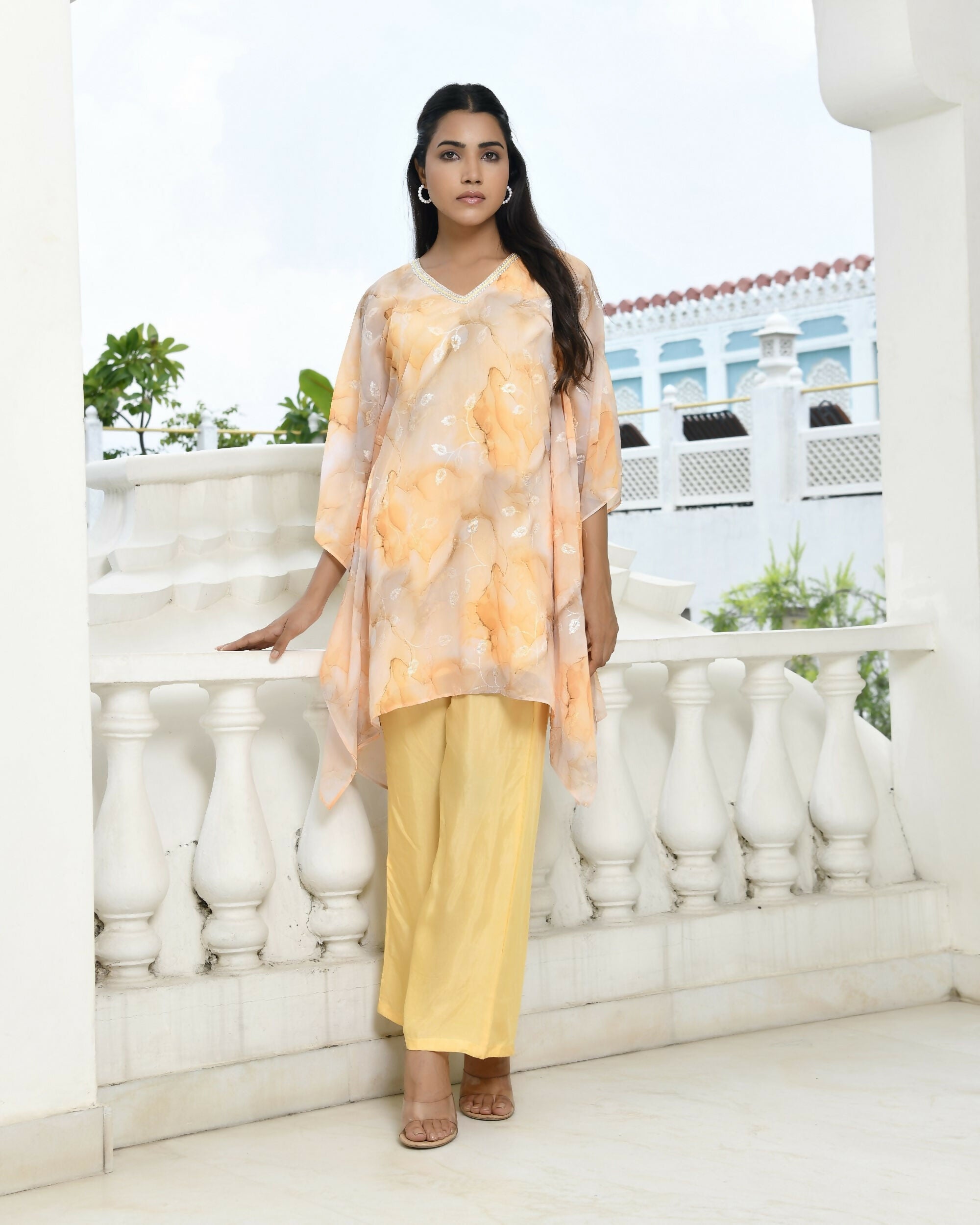 Vaasva Women's Lemon Georgette Marble Print Kaftan Pant Set | Grocsy