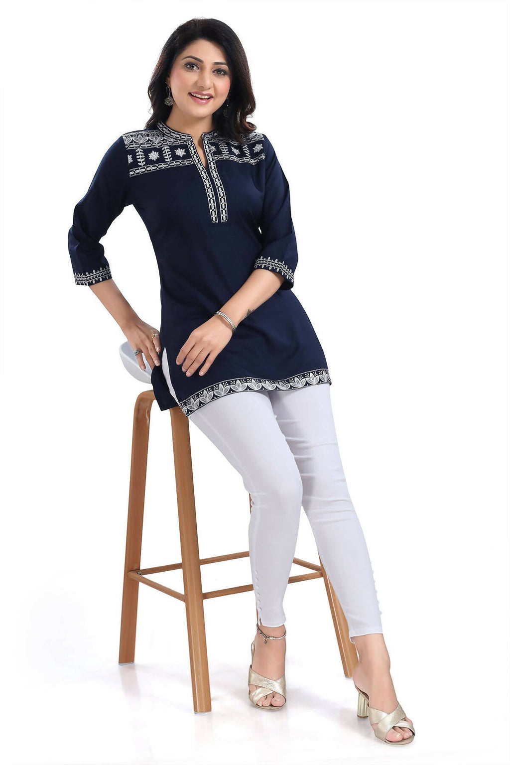 Snehal Creations Novel Navy Blue Women Embroidered Boho Chic Tunic Top | Grocsy