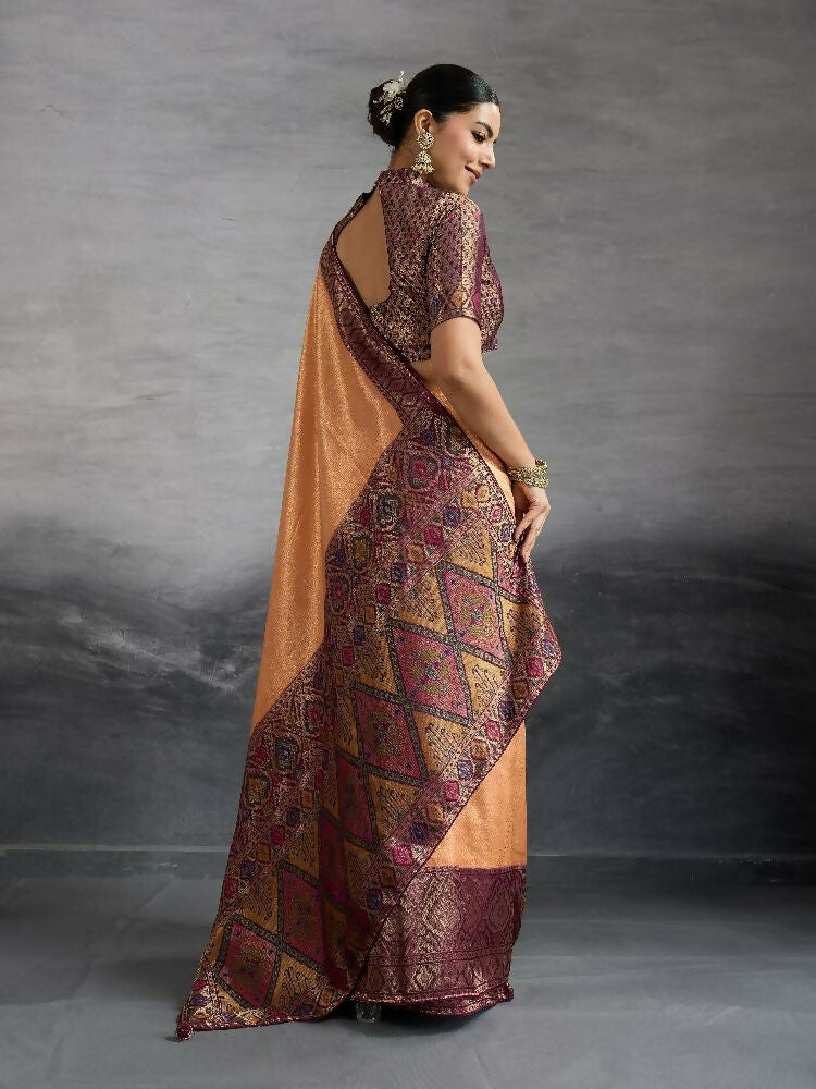 PR Fashion Coffee Kanjivaram Soft Silk Kadiyal Pattern Double Zari Woven Patta, Meenakari Woven Pallu Saree | Grocsy