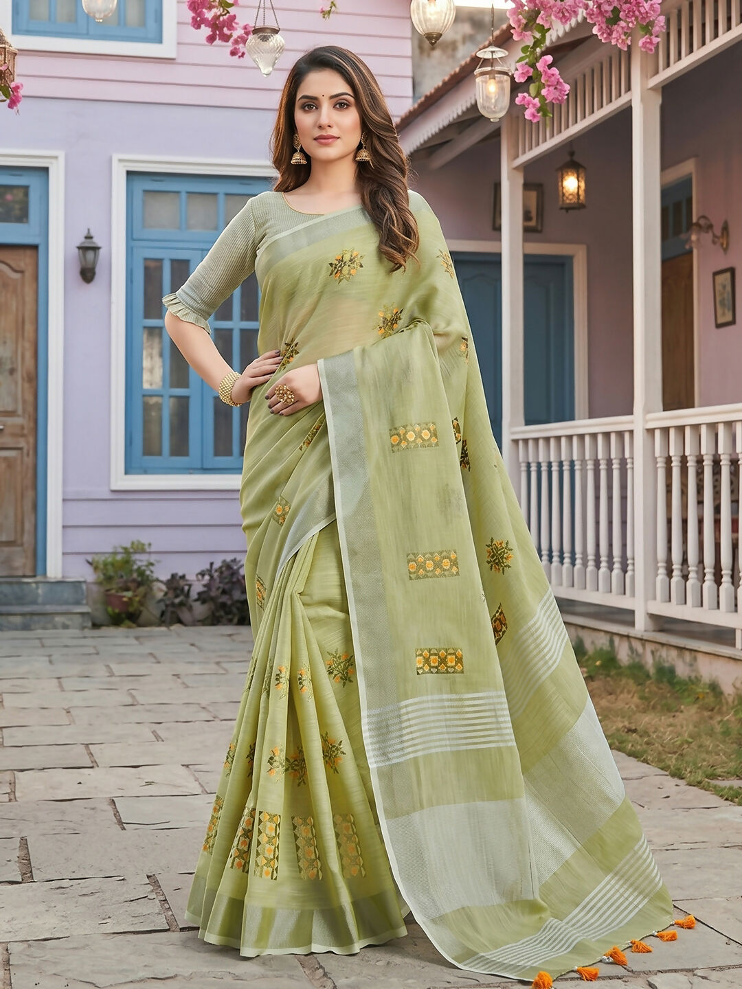 Shree Shyam Fashion Pista Green Linen Saree | Grocsy