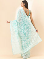 Blue Organza Paisely Embroidered Saree with Unstitched Blouse Piece - Roozal | Grocsy