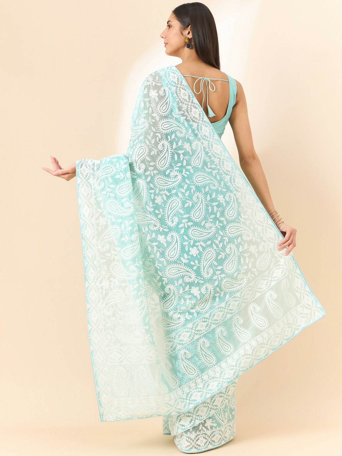 Blue Organza Paisely Embroidered Saree with Unstitched Blouse Piece - Roozal | Grocsy