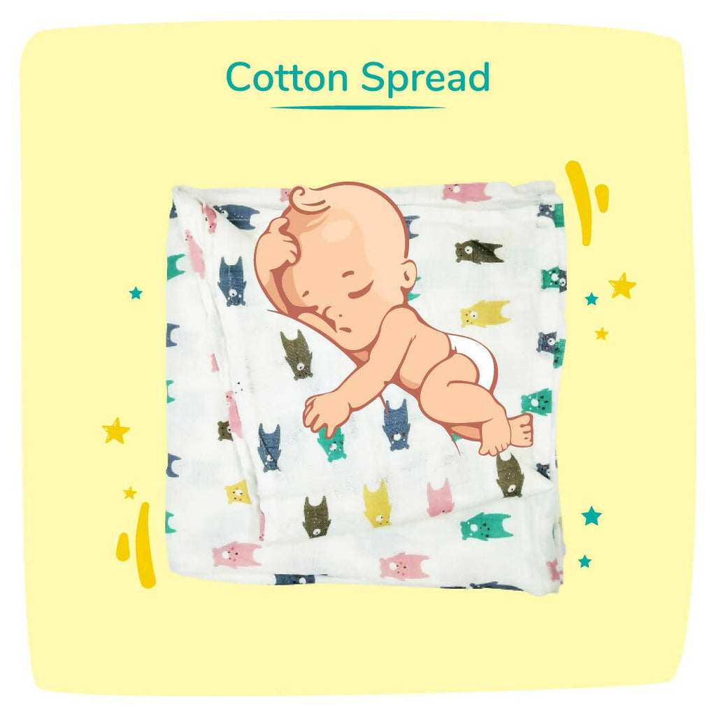 Kindermum Organic Cotton Muslin Swaddle Blanket 110 Cm X 110 Cm - Set Of 2 - Colorful Polka And Bear | Grocsy