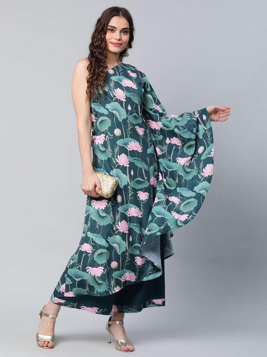 Ahalyaa Women Green Crepe Floral Printed Kurta with Palazzo Set | Grocsy