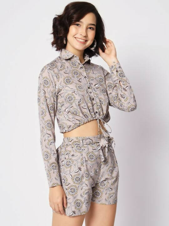 Grey Crepe Floral Printed Top with Matching Shorts Set - Shivani | Grocsy