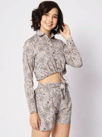 Grey Crepe Floral Printed Top with Matching Shorts Set - Shivani | Grocsy