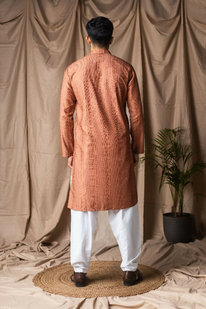 Reddish Orange Rayon Thread Embroidery Work Kurta Set - Mahotsav | Grocsy