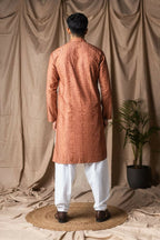 Reddish Orange Rayon Thread Embroidery Work Kurta Set - Mahotsav | Grocsy