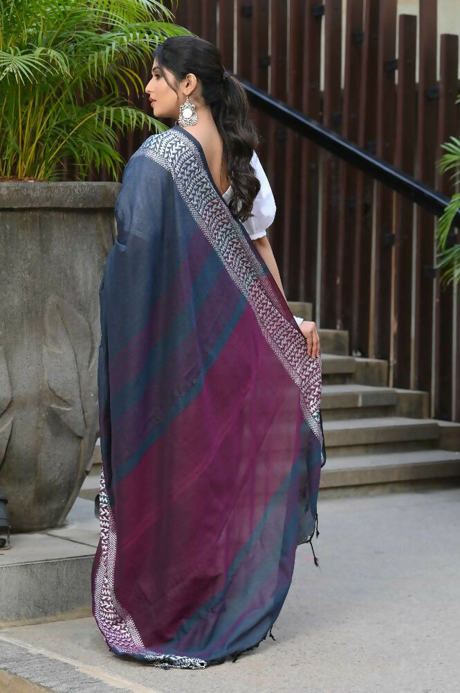 Beatitude Blue Cotton Jacquard Border Tangail Handloom Saree | Grocsy