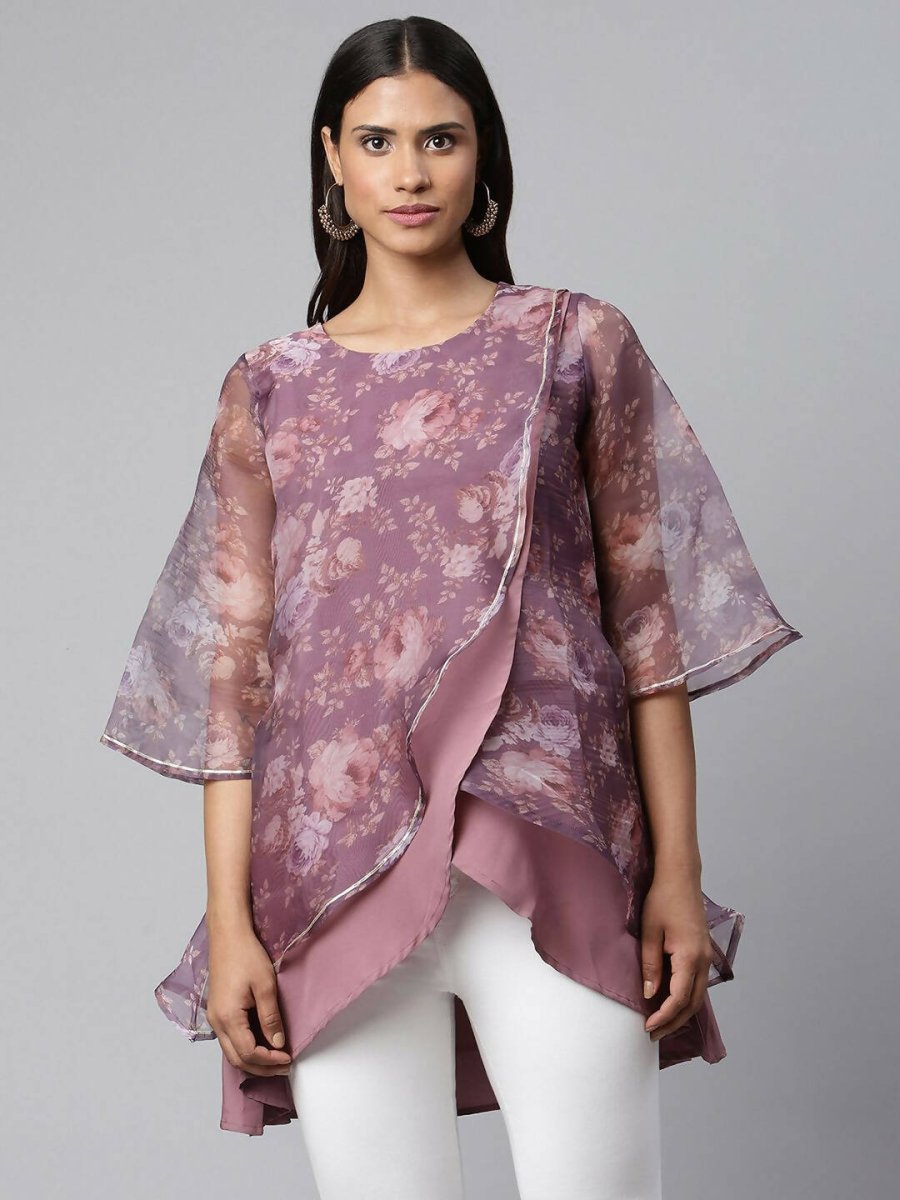 Ahalyaa Women Mauve Organza Digital Printed Tunic | Grocsy