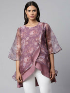 Ahalyaa Women Mauve Organza Digital Printed Tunic | Grocsy