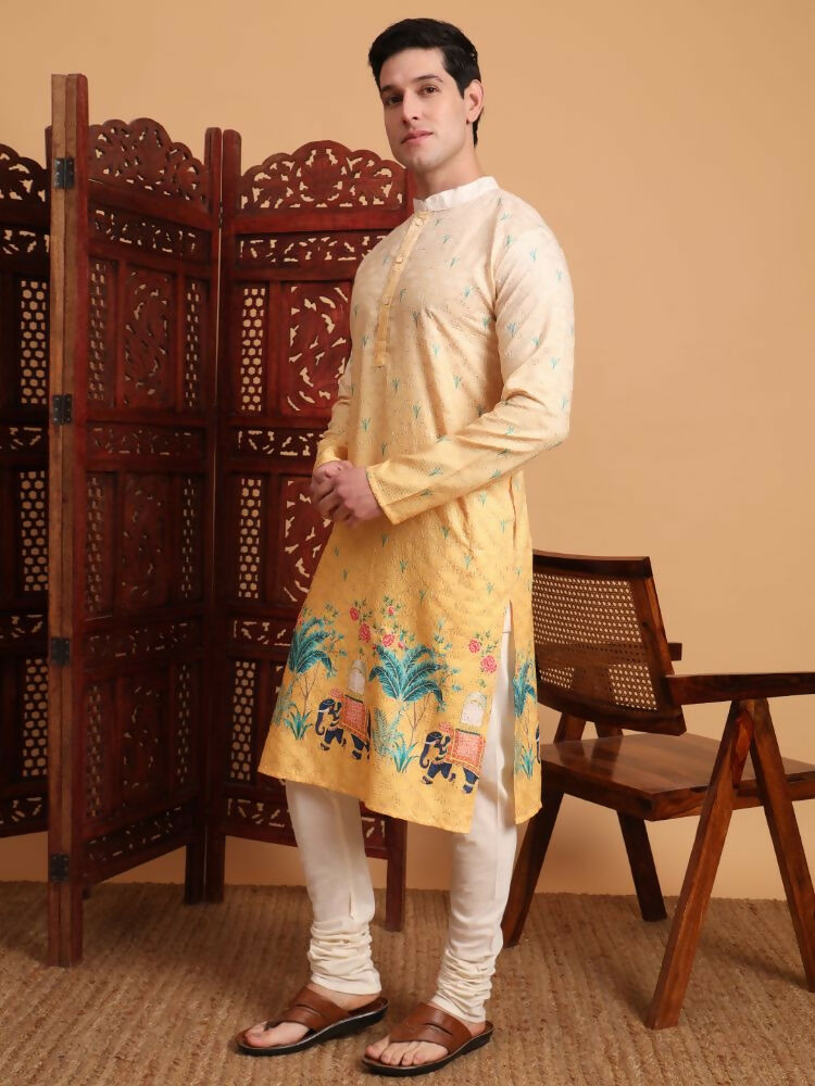 Yellow Cotton Printed Chikankari Embroidery Work Kurta - Mahotsav | Grocsy