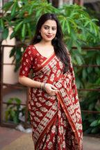 Red Cotton Blend Ajrak Saree with Unstitched Blouse - A2M | Grocsy