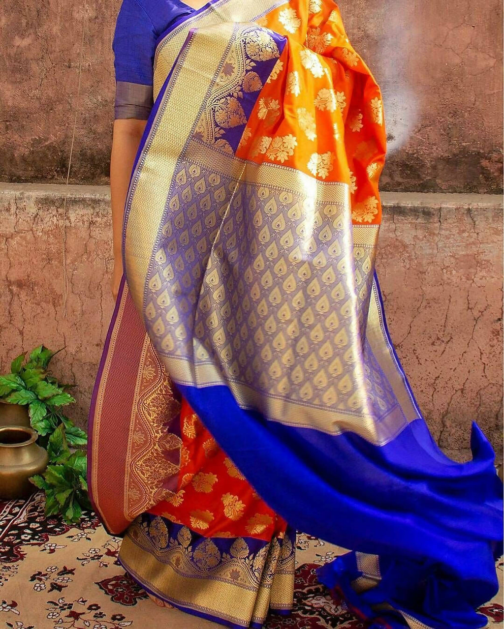 DEIANA'S Beautiful Designer Golden zari Soft Lichi Silk Saree - Orange | Grocsy