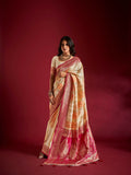 Joban Fashion Cream & Orange Plain With Weaving Border Banarasi Silk Sarees | Grocsy