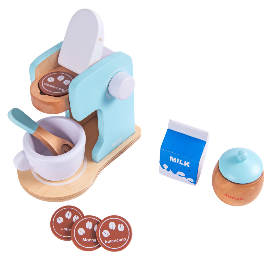 Nesta Toys Wooden Coffee Maker Toy (Blue), Kitchen Cooking Toy, Pretend Play (3+ Years) - 9 Pcs | Grocsy