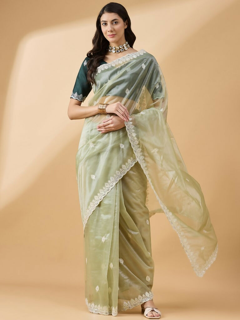 Green Organza Sequence Embroidered Saree with Unstitched Blouse - Satya | Grocsy