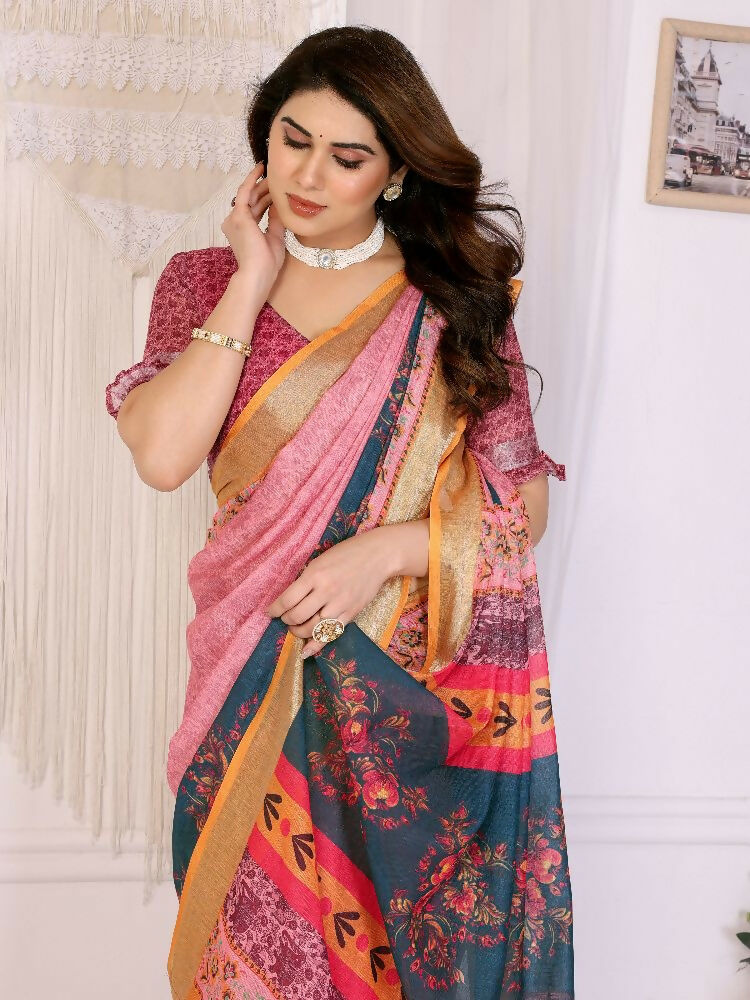 PR Fashion Orange Handloom Linen Cotton Zari Saree | Grocsy