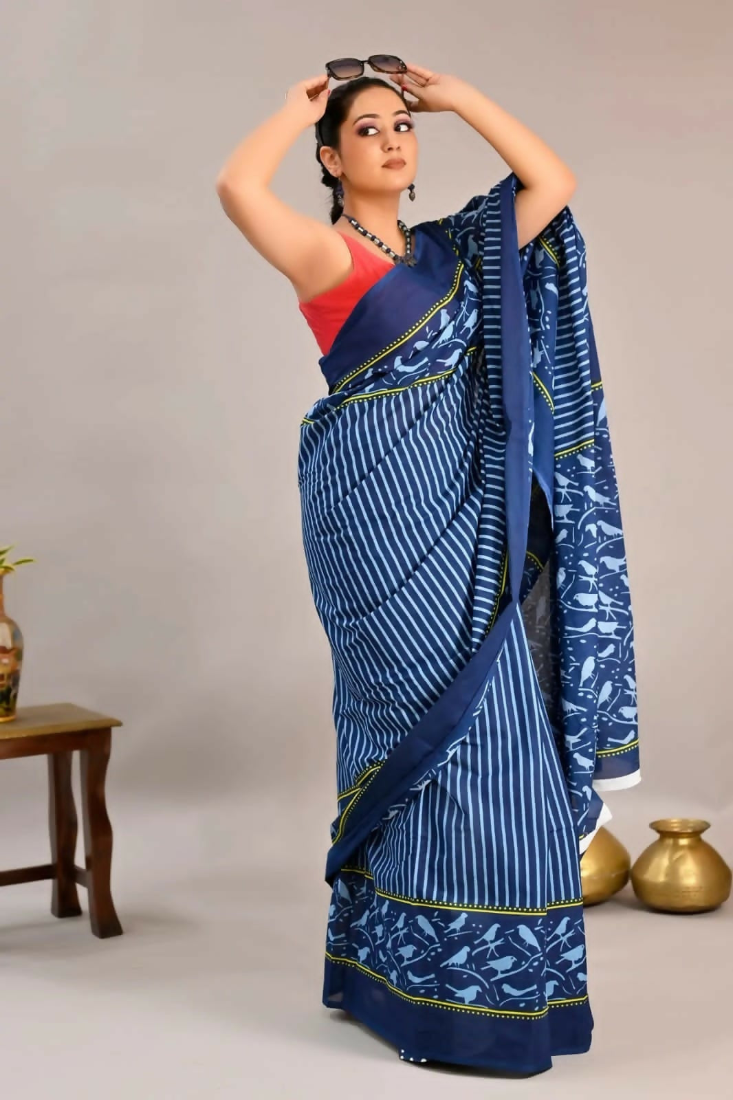 Exclusive Collection Blue Beautiful Mulmul Cotton Saree | Grocsy
