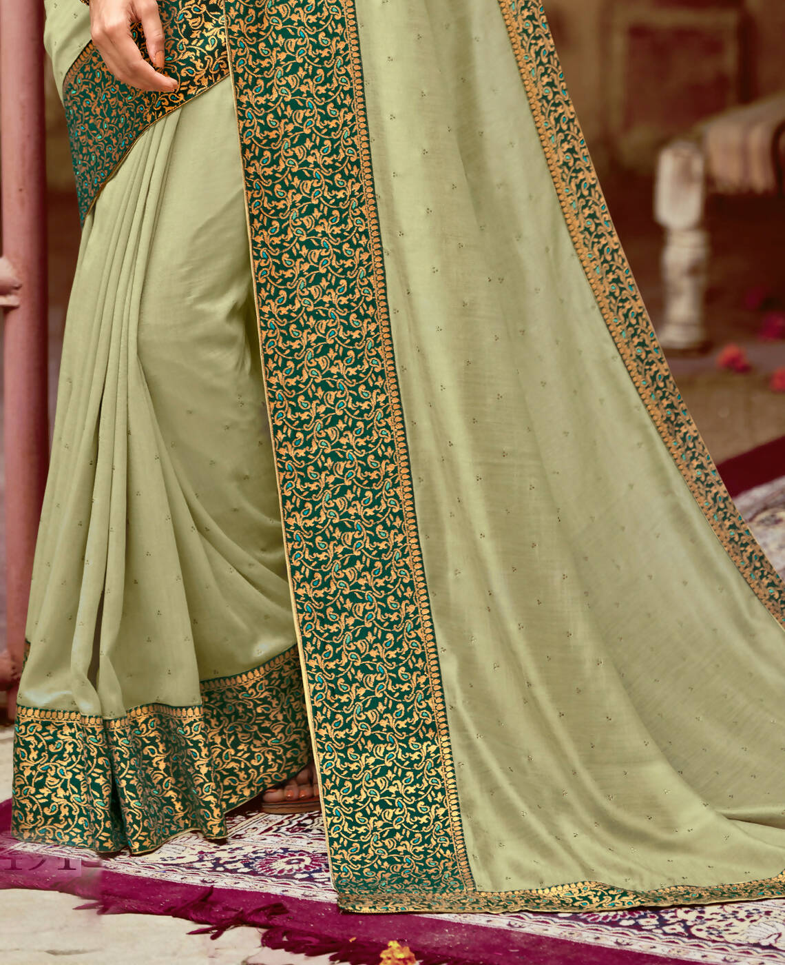 Green Vichitra Stone Work Saree With Unstitched Blouse Piece - Rosy | Grocsy