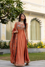 Teeya Creation Orange Color Vichitra Silk Designer Party Wear long Gown | Grocsy