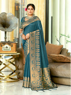 Sangam Prints Ocean Blue Assam Silk Woven Work Traditional Saree | Grocsy
