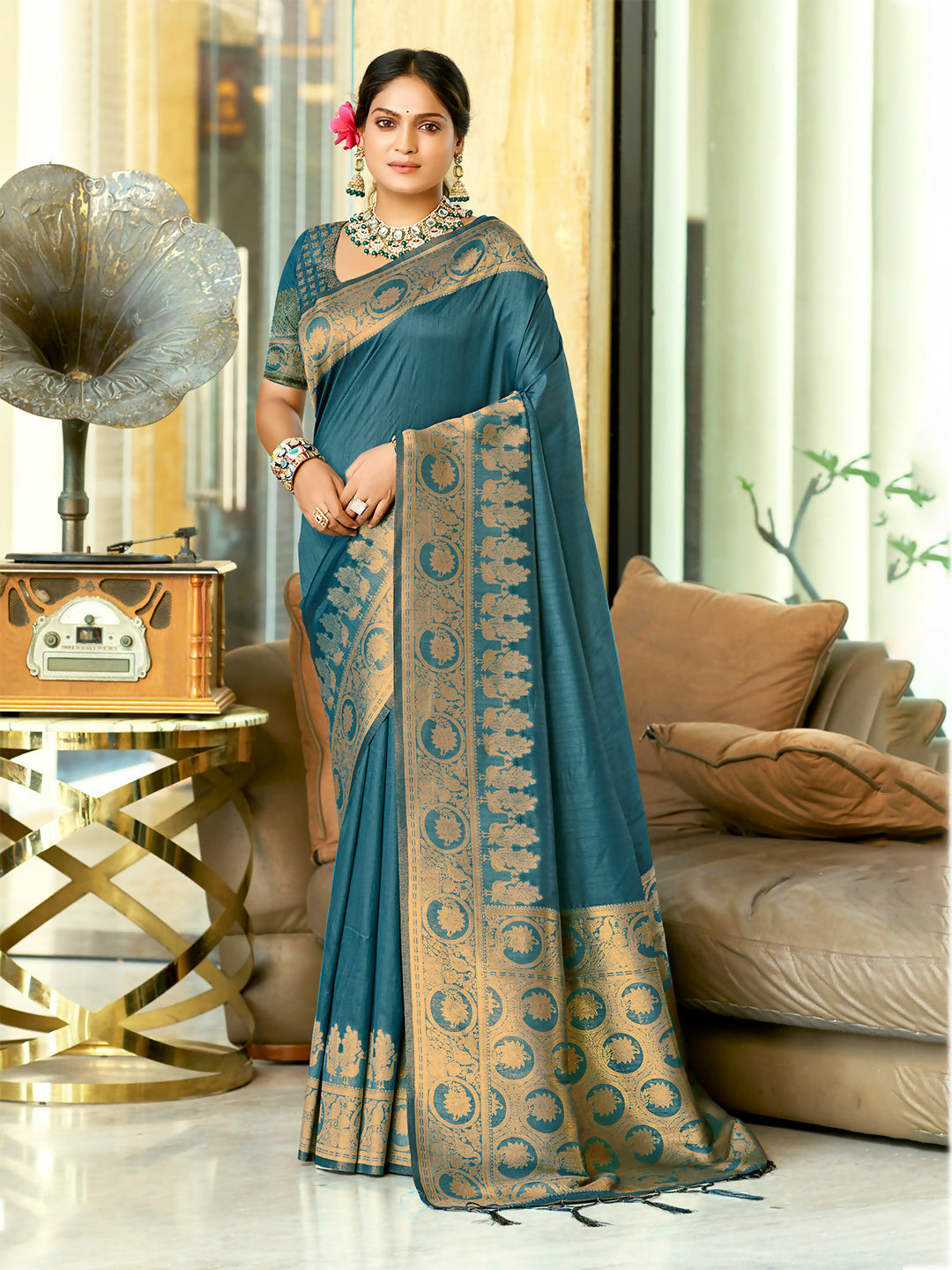 Sangam Prints Ocean Blue Assam Silk Woven Work Traditional Saree | Grocsy