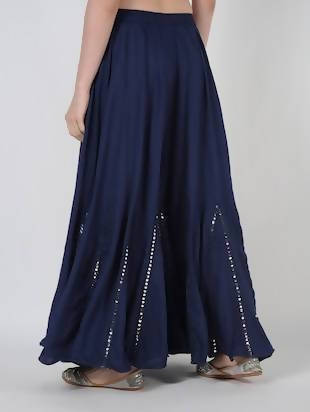Mominos Fashion Navy Blue Viscose Rayon Flared Palazzo with Mirror Lace Work | Grocsy