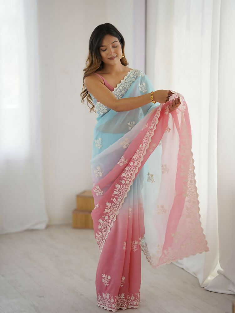 Rust Crunchy Silk Embroidery Work Party Wear Saree - Lakshita | Grocsy