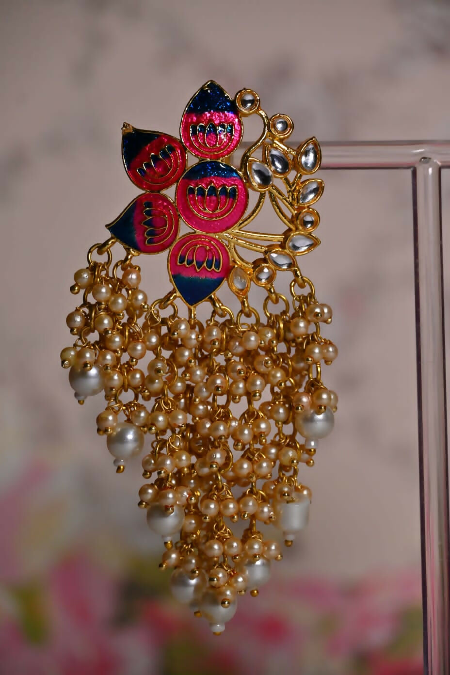 Pink & Blue Ethic Meenakari Lotus Shaded Earrings By House of Ree - Swadesiicart