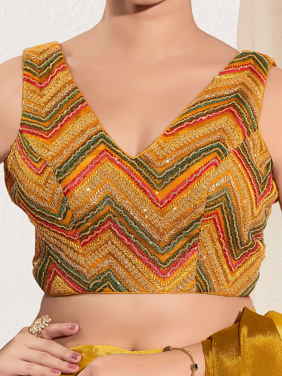Joban Fashion Mustard Net Padded Blouse With V Neck Sleeveless | Grocsy