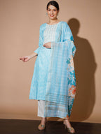 Myshka Women Blue Printed Kurta & Trousers With Dupatta | Grocsy