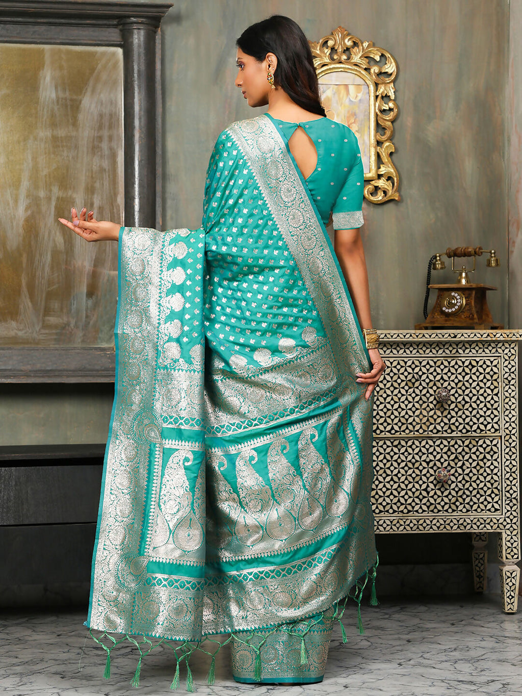 Shree Shyam Fashion Banarasi Silk Rama Green Saree | Grocsy