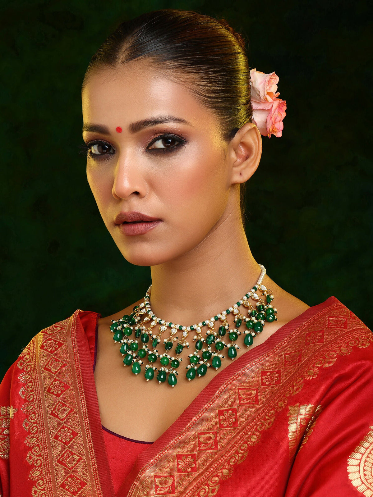Ruby Raang Green Kundan And Emerald Collar Necklace | Grocsy