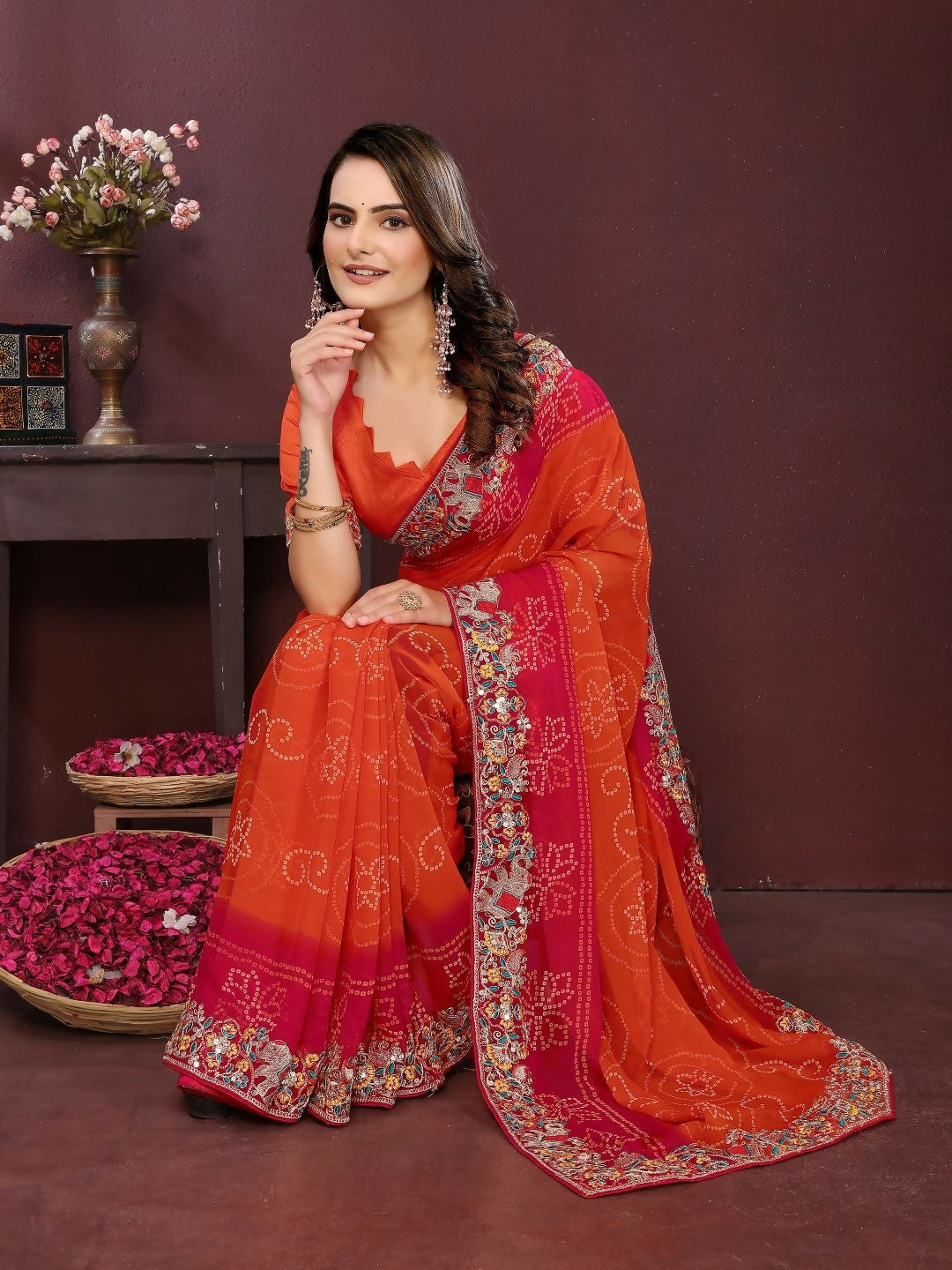 Ai Fashion Orange Georgette Digital Print Party Wear Saree | Grocsy