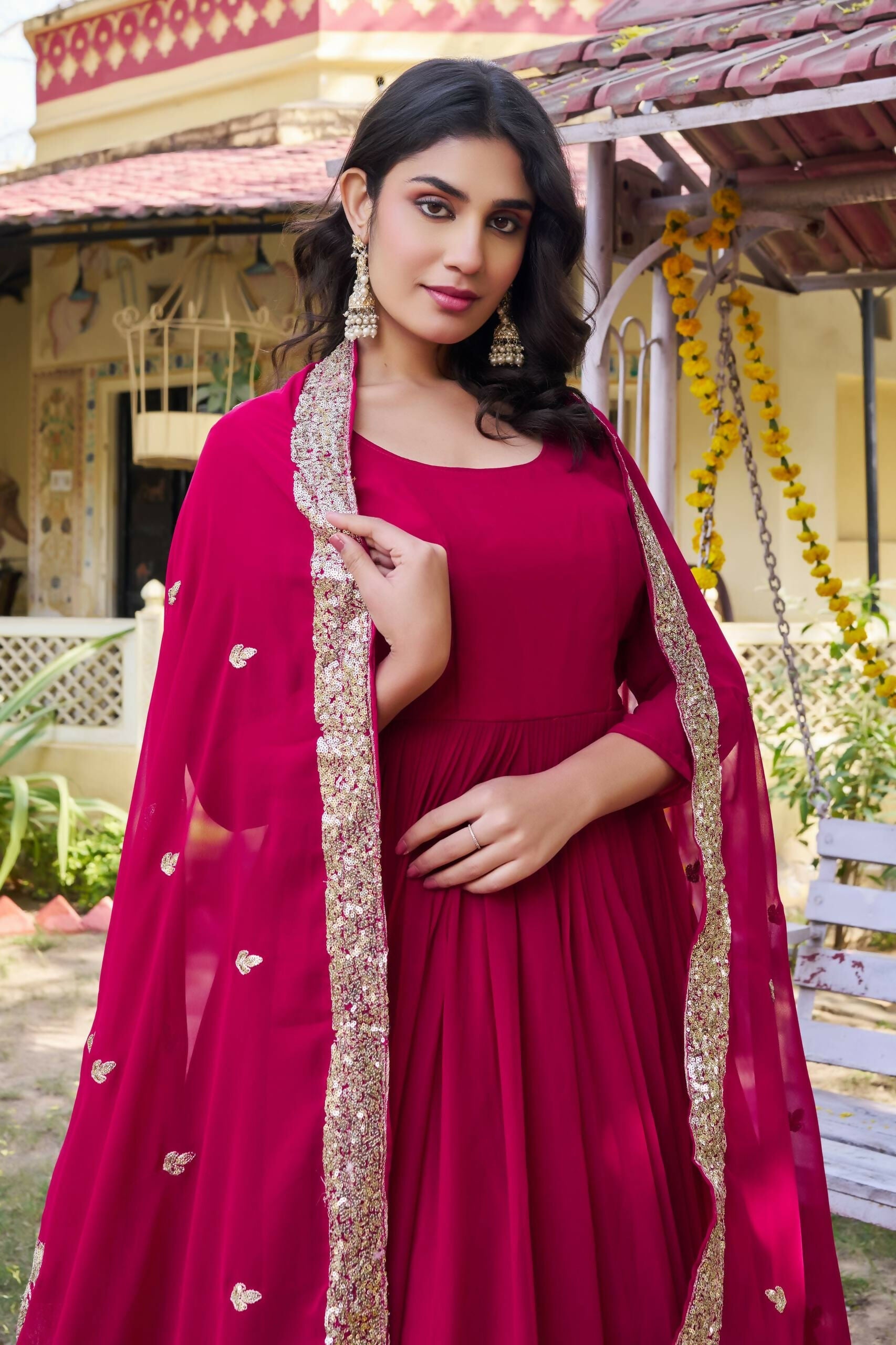 Teeya Creation Womens New Stylish Heavy Sequence Embroidery Work Pink Gown Set | Grocsy