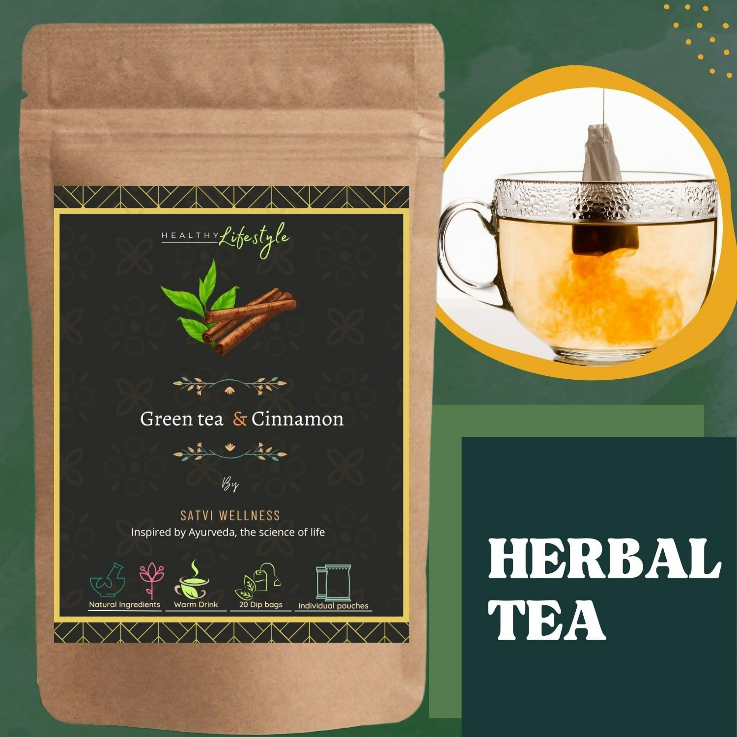 Satvi Wellness Blend Of Green Tea And Cinnamon Tea Bags | Grocsy