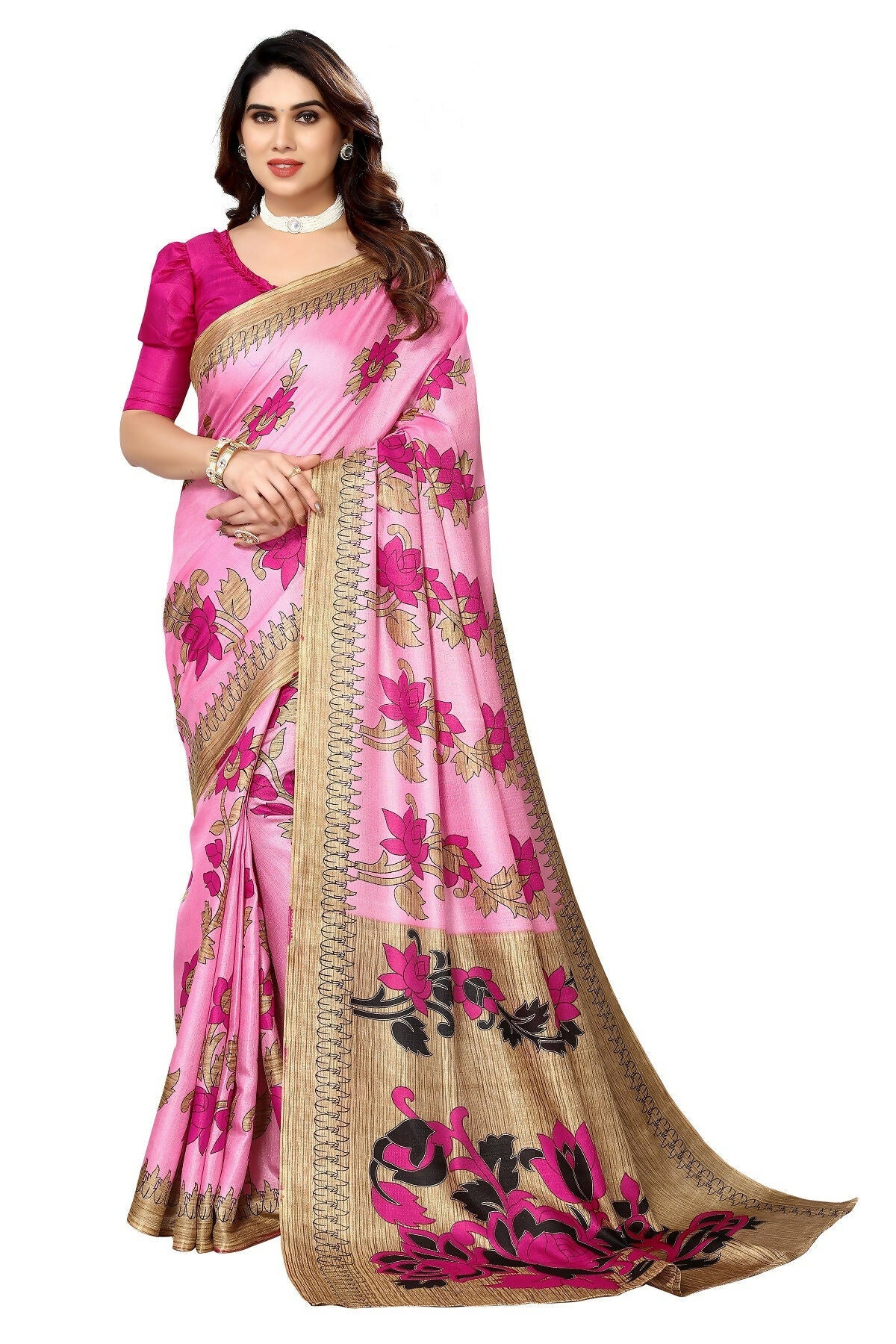 Vamika baby pink Printed Art Silk Saree | Grocsy