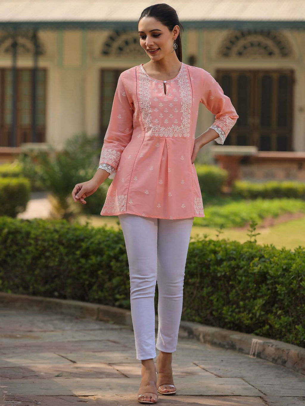 Juniper Women's Peach Cambric Floral Printed Tunic | Grocsy