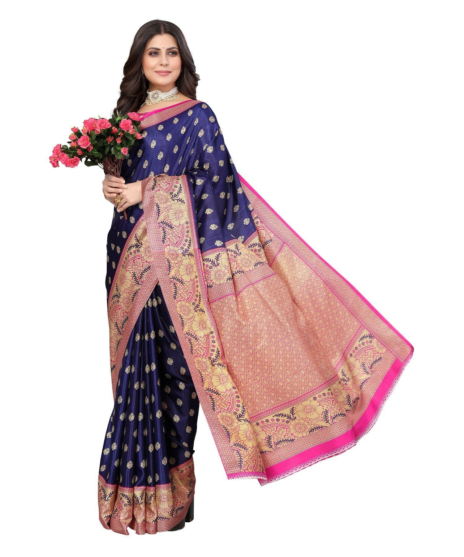 Vamika Navy Blue Printed Art Silk Saree | Grocsy