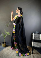 Prime Volt Multicolor Leaf Embroidery Rangoli Silk Saree with Scalloped Border-Black | Grocsy