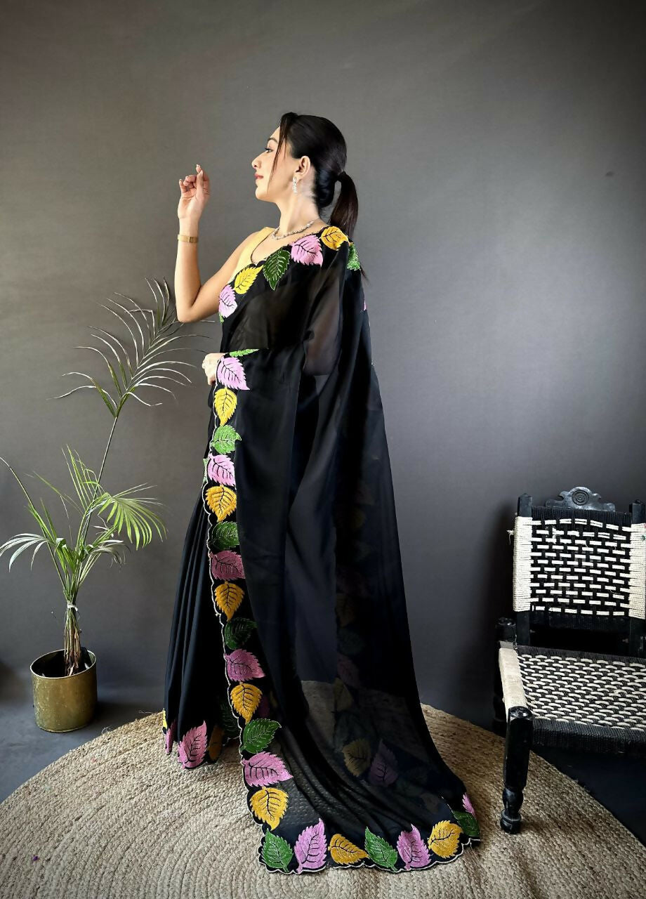 Prime Volt Multicolor Leaf Embroidery Rangoli Silk Saree with Scalloped Border-Black | Grocsy