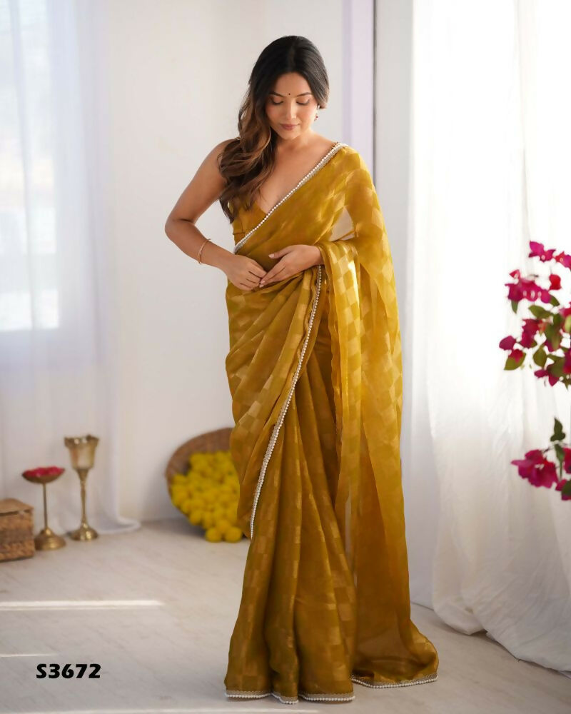 NC Chiffon Chex Wevon Chex Designer, Lace Party Wear Saree - Mustard | Grocsy