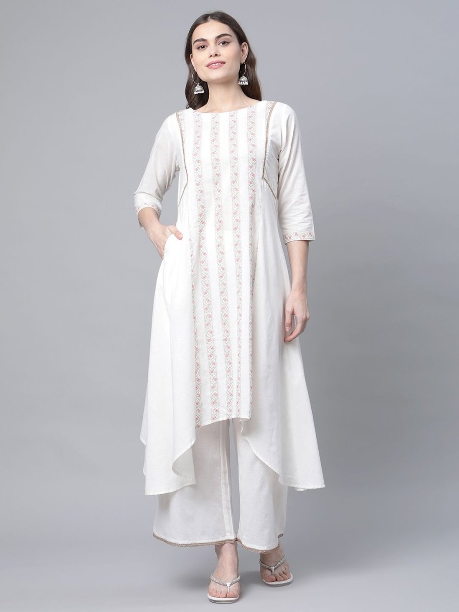 Ahalyaa Women's Off white Pure Cotton Printed Asymmetric Kurta Palazzo Set | Grocsy